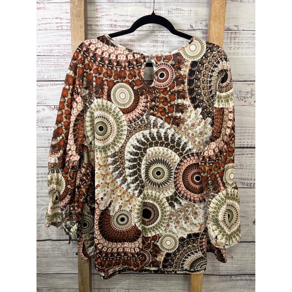 Cato Women's Plus 22/24W Medallion Floral Bell Sleeve Boho Tie Cuff Blouse - Picture 6 of 7